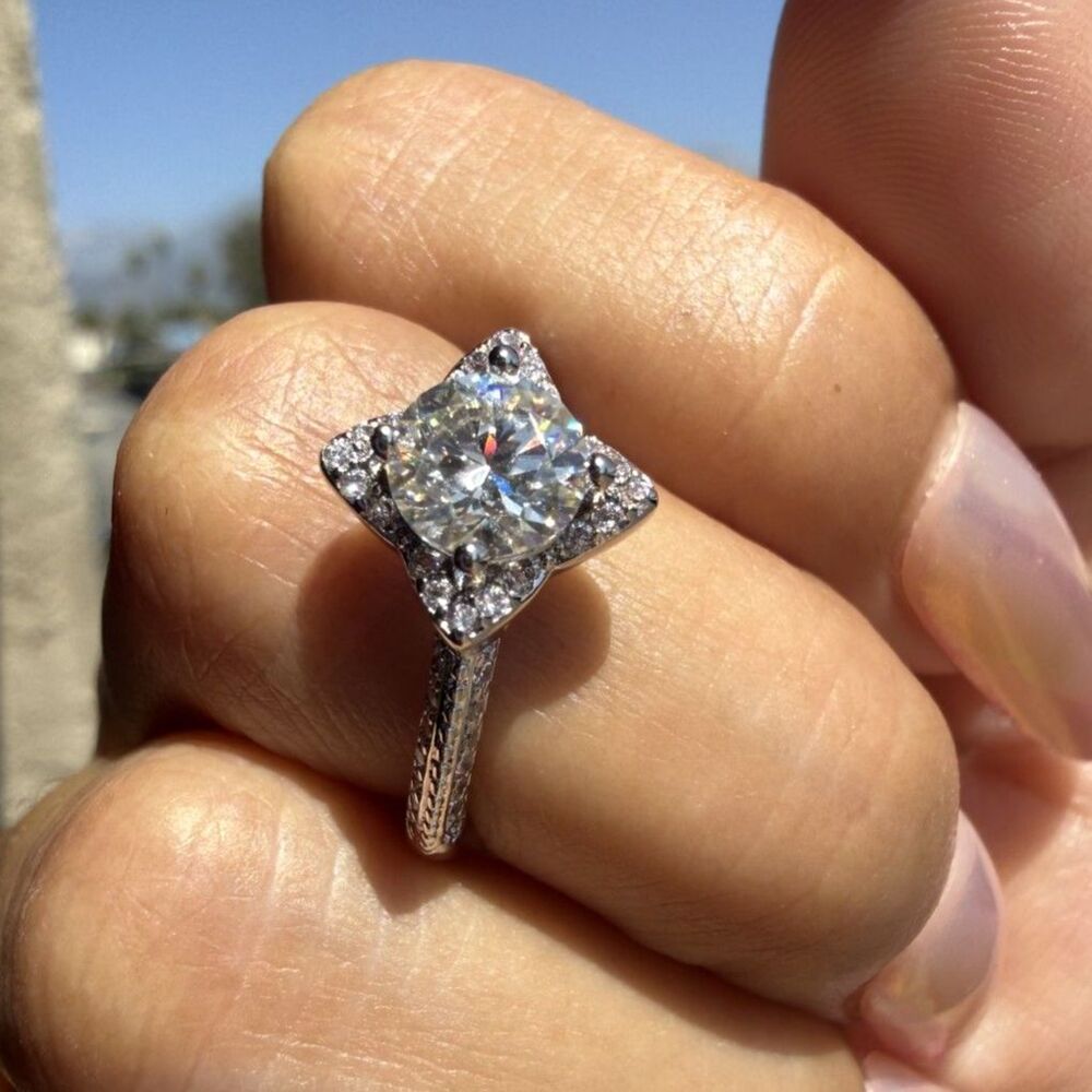 Moissanite 1 CT Round Cut Halo Ring Size 6.5 Rhodium Plated GRA Certificate